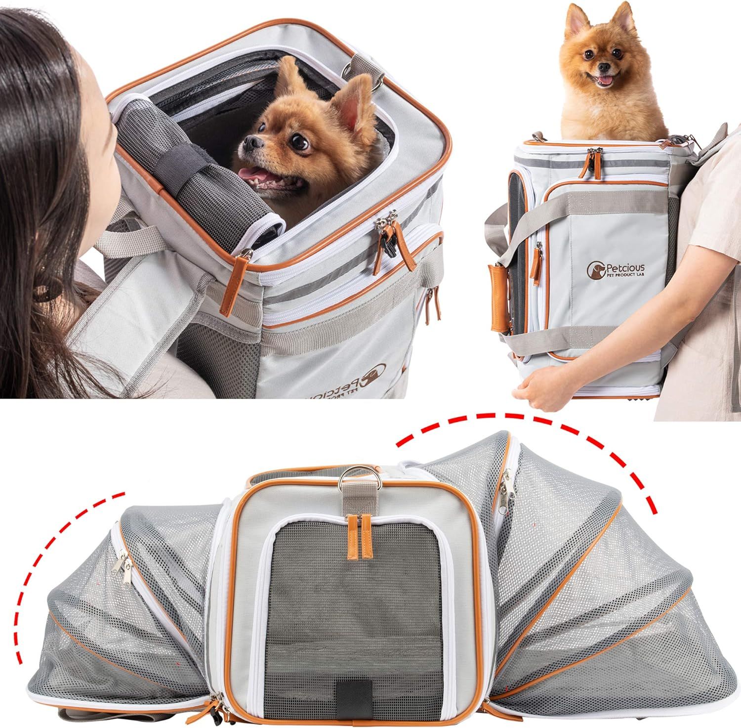 Gray and Orange Airline Approved Soft Sided Dog Carrier Backpack