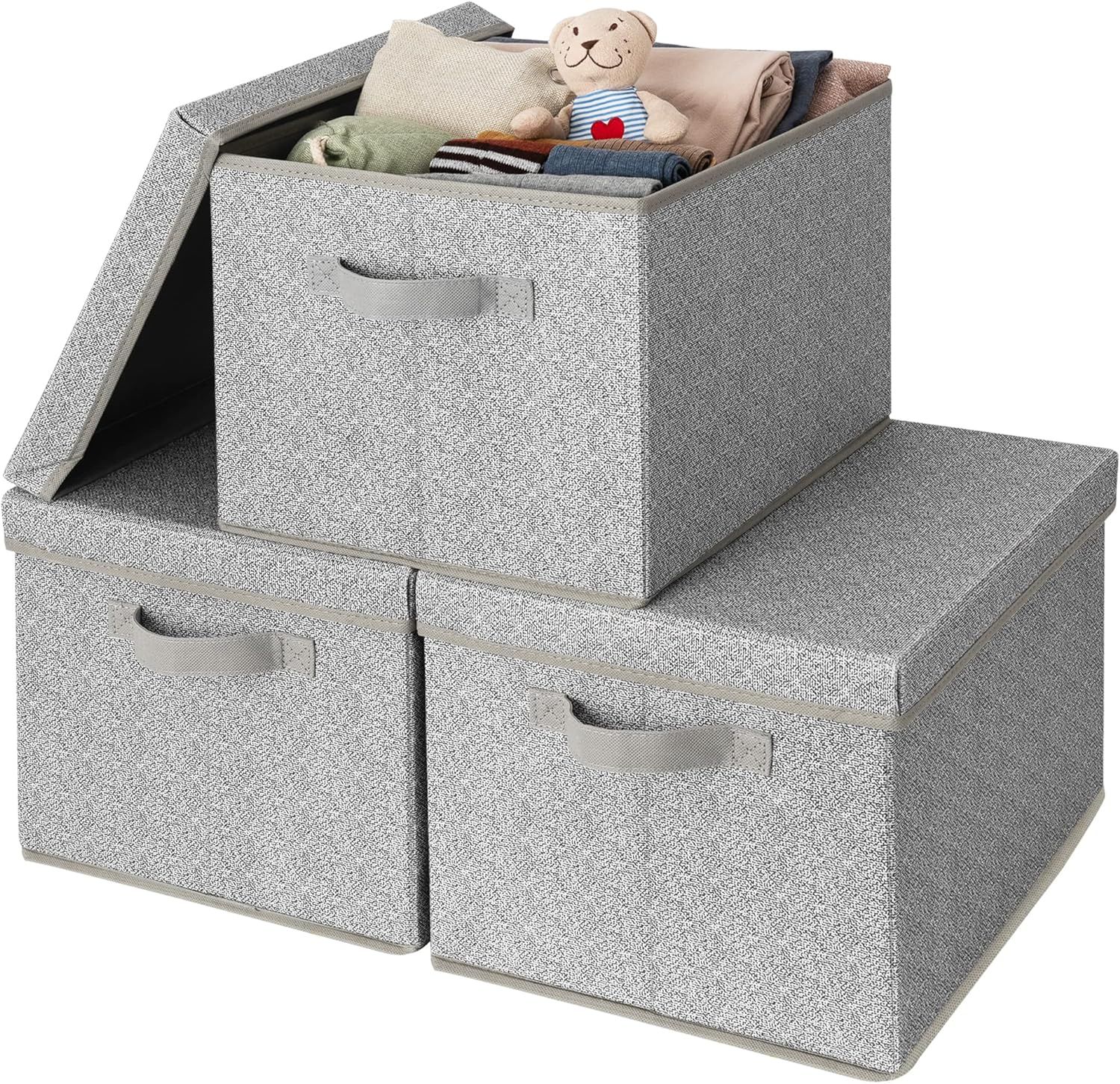 Gray Jumbo Fabric Storage Bins with Lids and Handles, 3-Pack