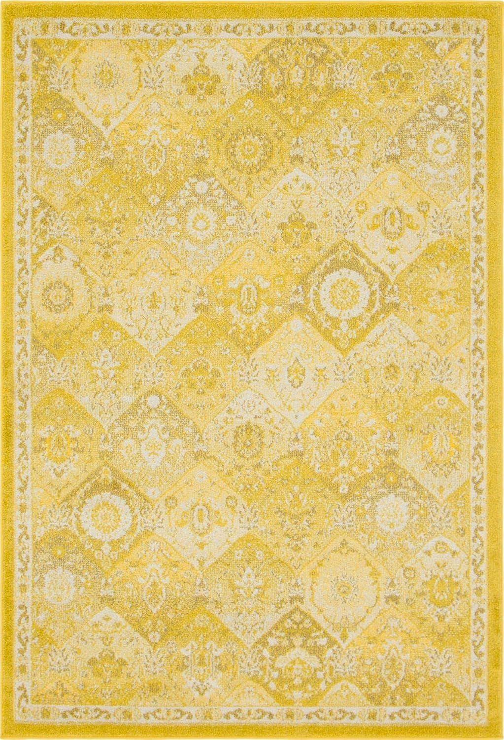 Yellow and Beige Geometric Rectangular Synthetic Rug