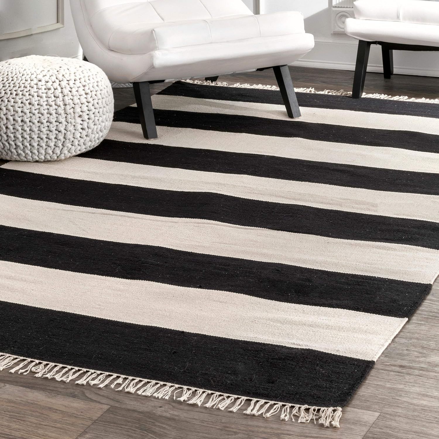 Ashlee Black Stripe Cotton Flatweave 7'6" x 9'6" Area Rug