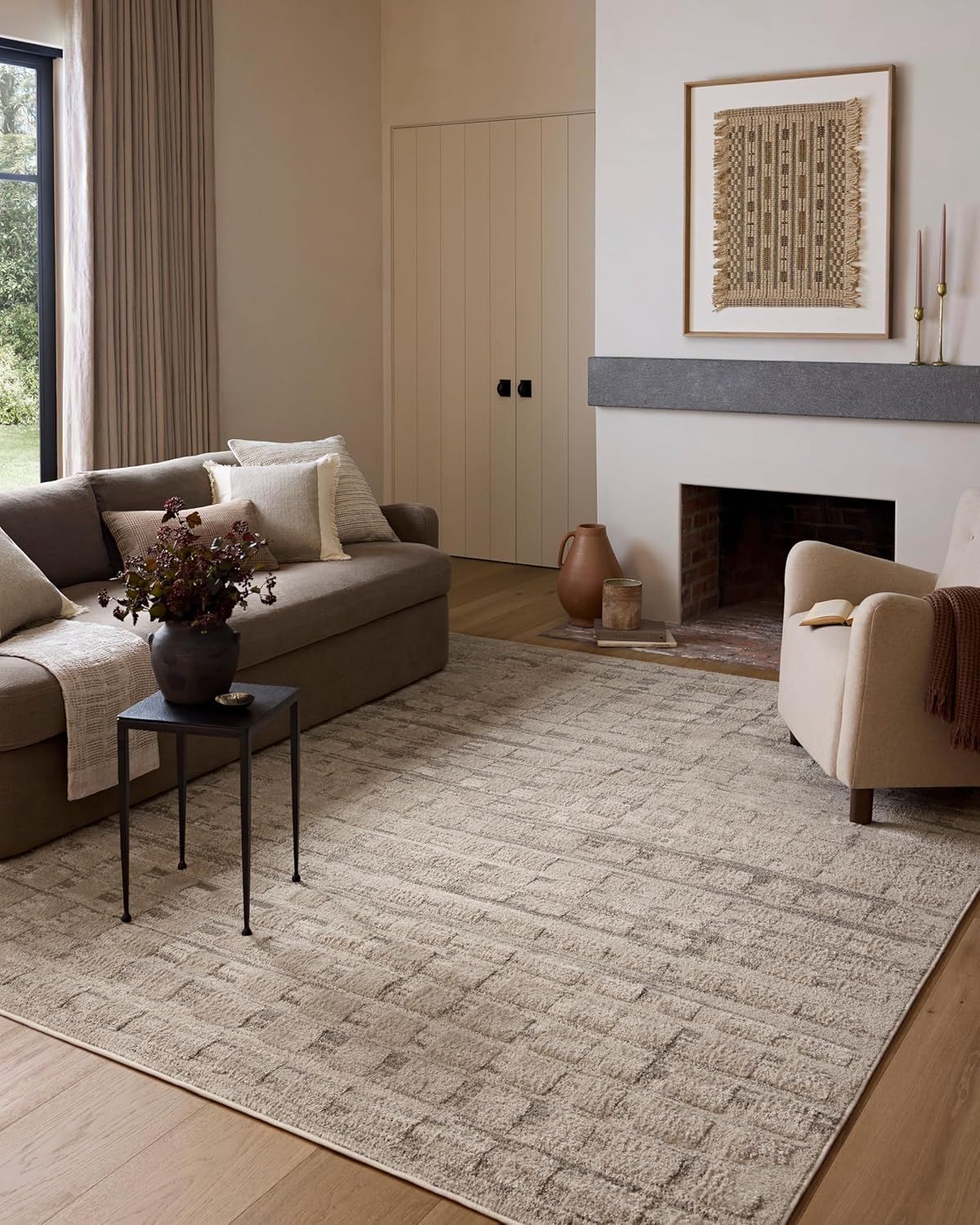 Pebble Beige High Pile Polyester Moroccan Area Rug