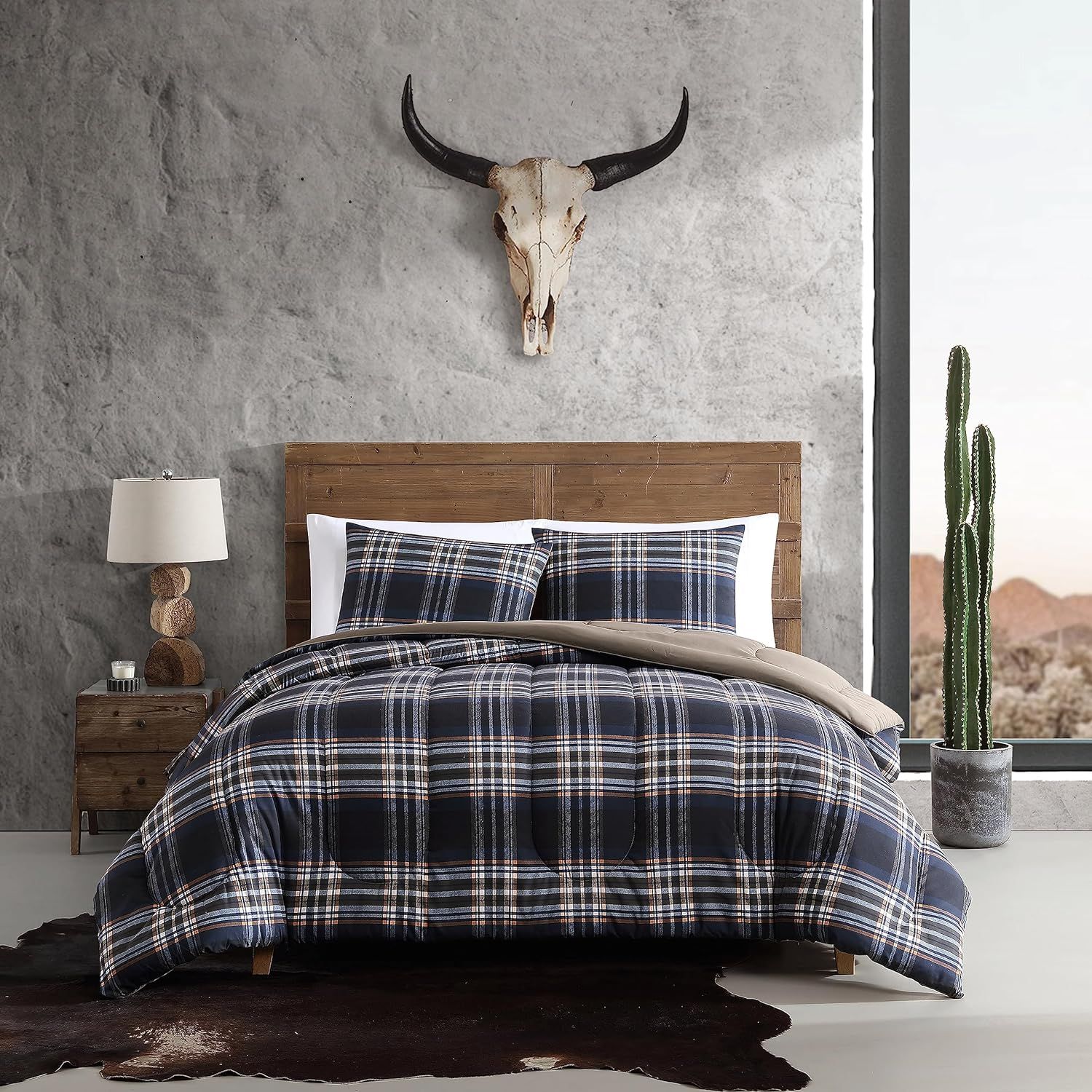 Navy Plaid Microfiber Queen Duvet Cover Set with Shams