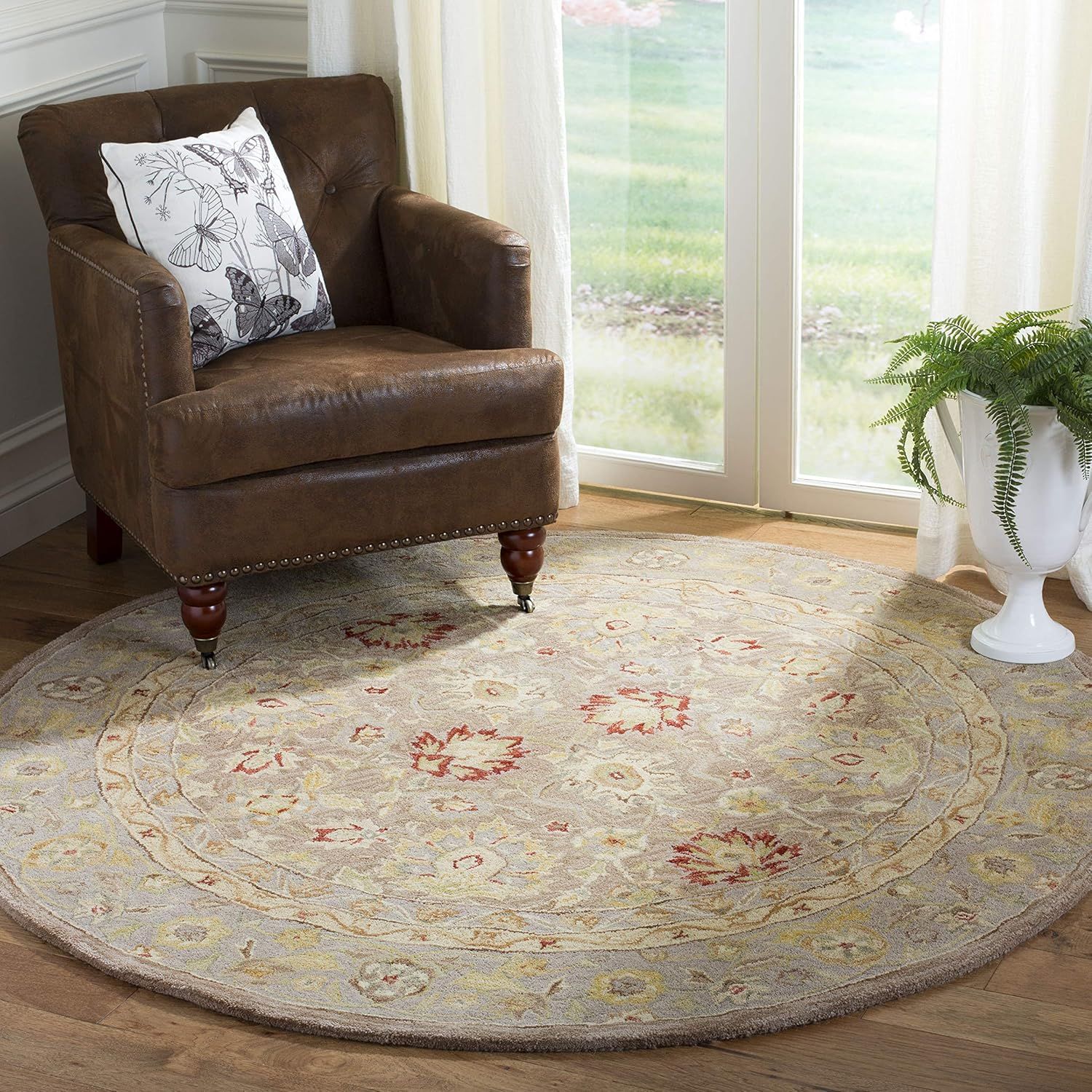 Anatolia Elegance Hand-Tufted Tan/Ivory Floral Wool Round Rug, 4'