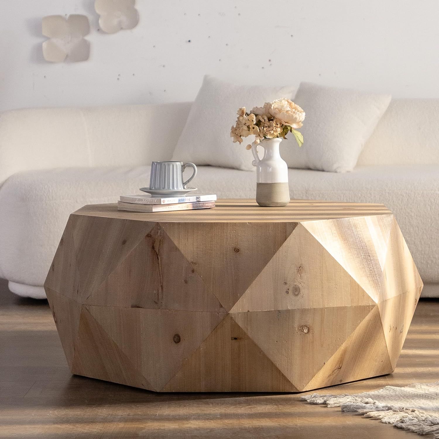 Natural Fir Wood Geometric Drum Coffee Table