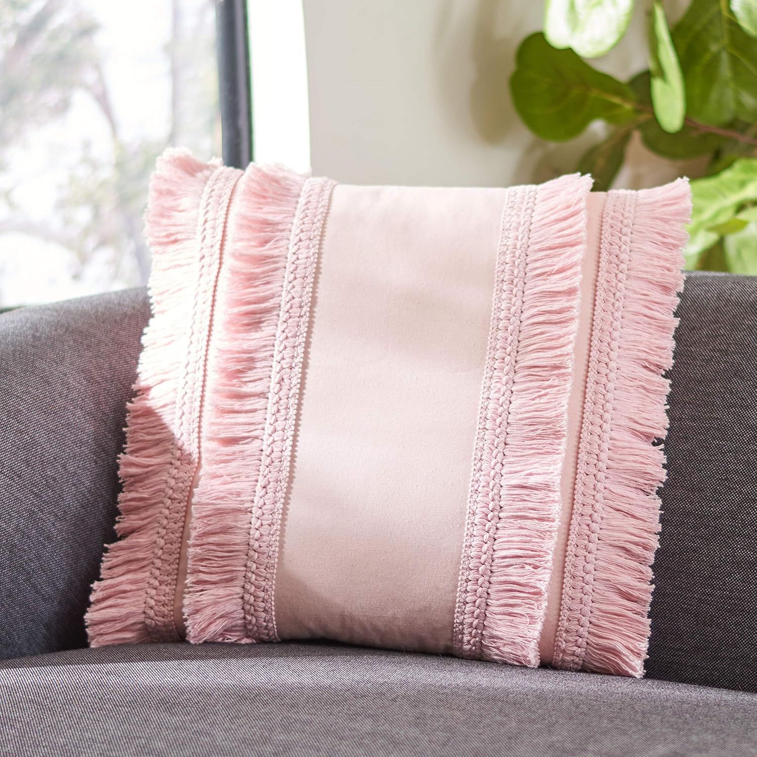 Pink Cotton Square Bohemian Accent Pillow with Frayed Edges