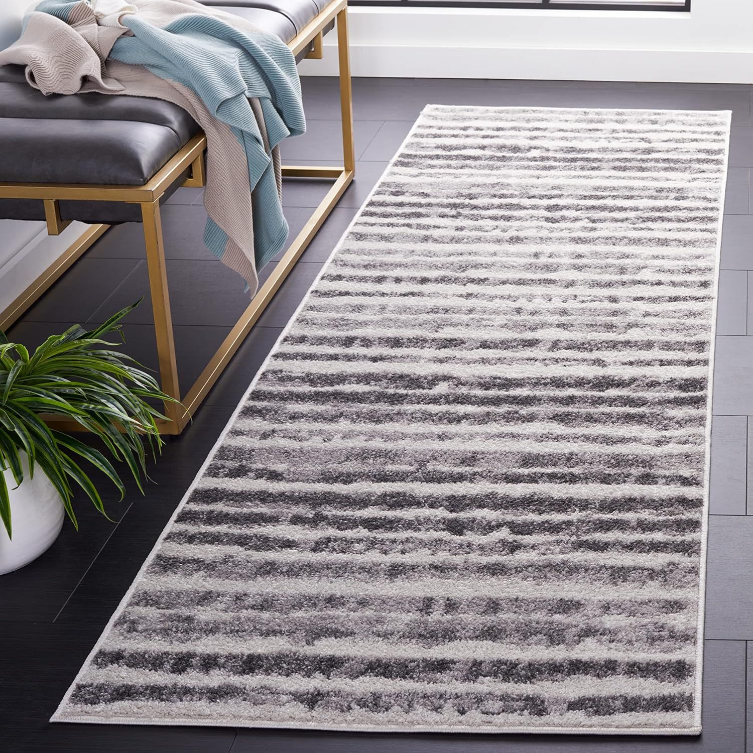 Ivory and Charcoal Striped Synthetic Modern Runner Rug