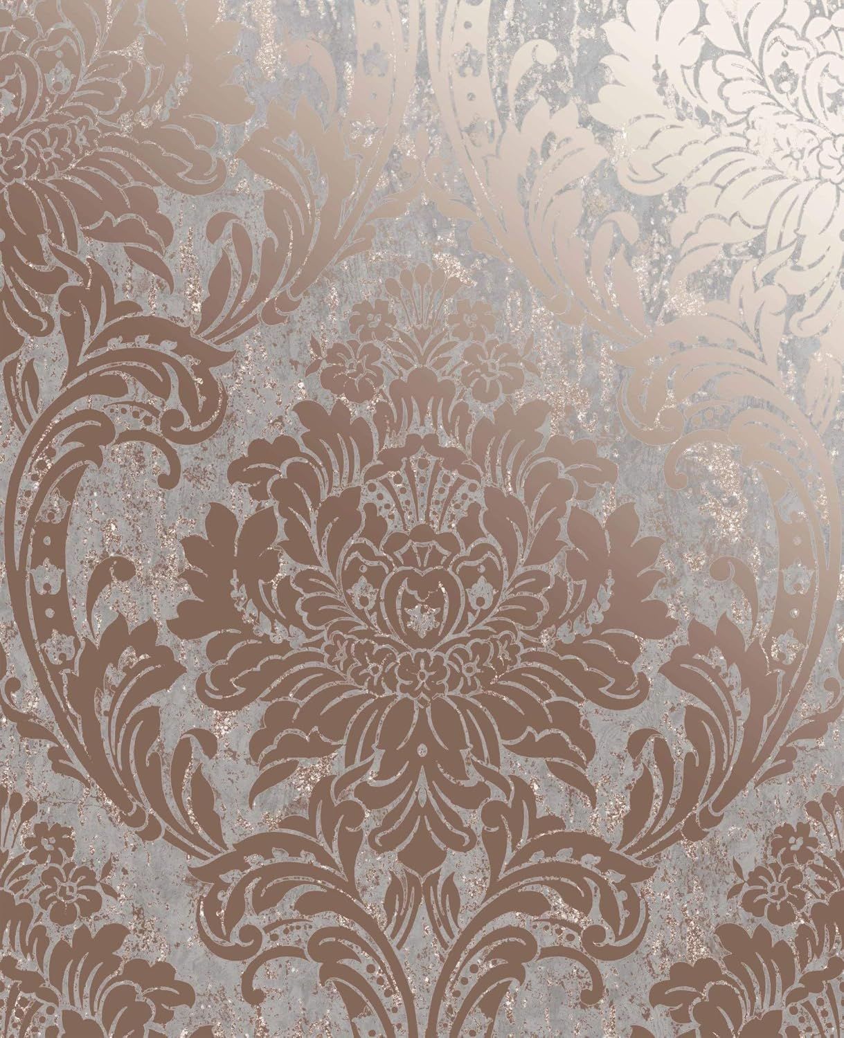 Milan Damask Grey and Rose Gold Textured Wallpaper