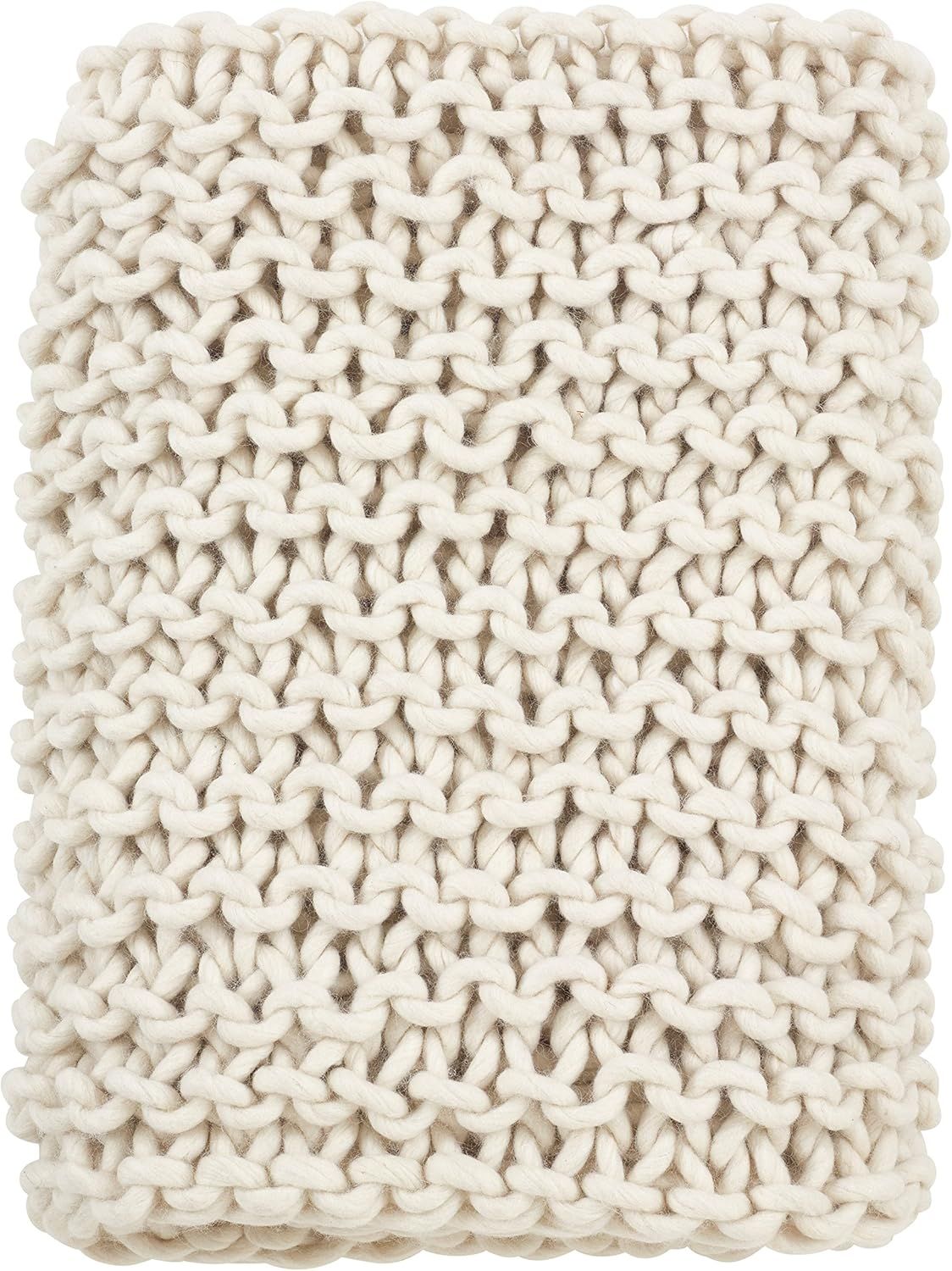 Ivory Chunky Knit Reversible Wool Throw Blanket, 50" x 60"