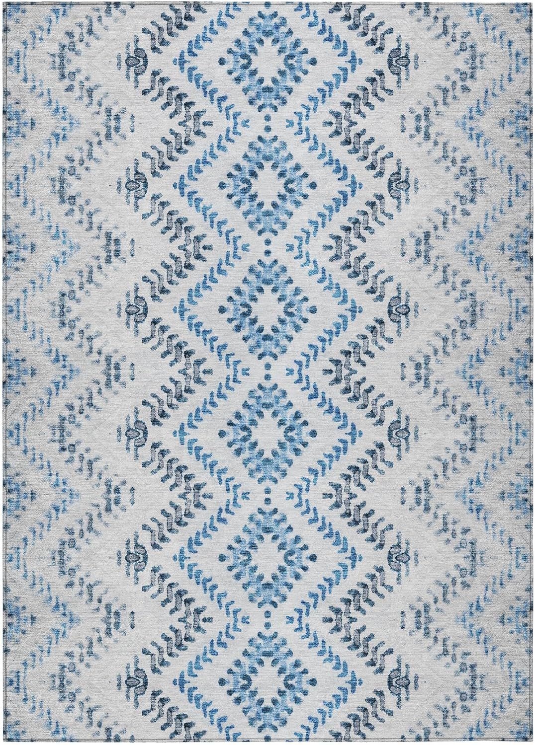 Blue and White Rectangular Washable Synthetic Area Rug