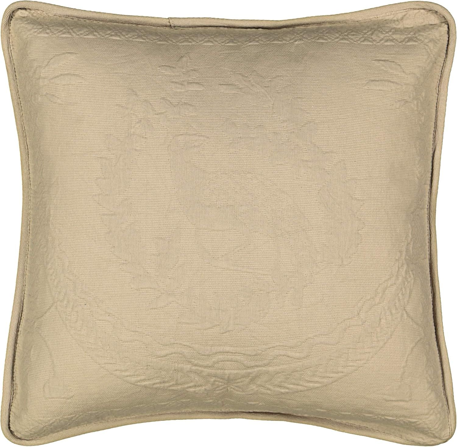 Beige Cotton Embroidered Box Throw Pillow with Trim