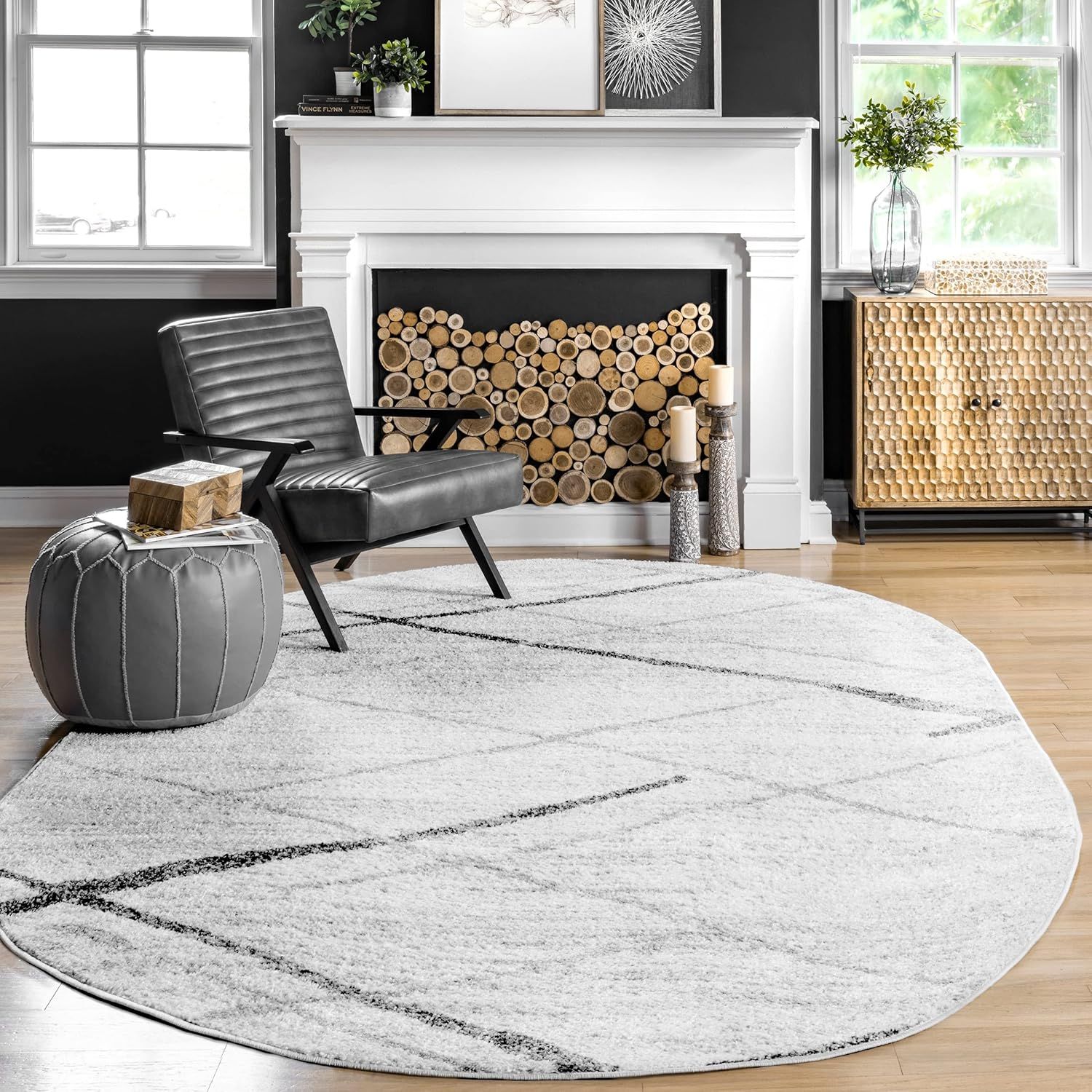 Gray Oval Reversible Stain-Resistant Synthetic Area Rug