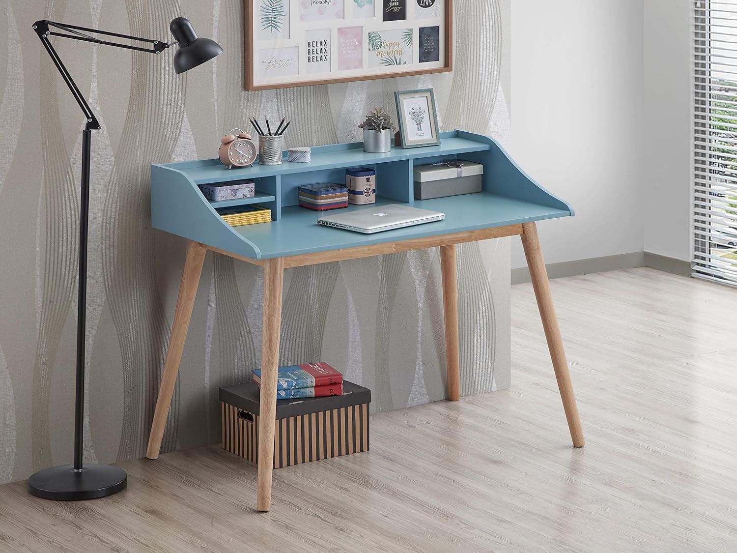 Blue Painted Wood Writing Desk with Hutch and Drawer