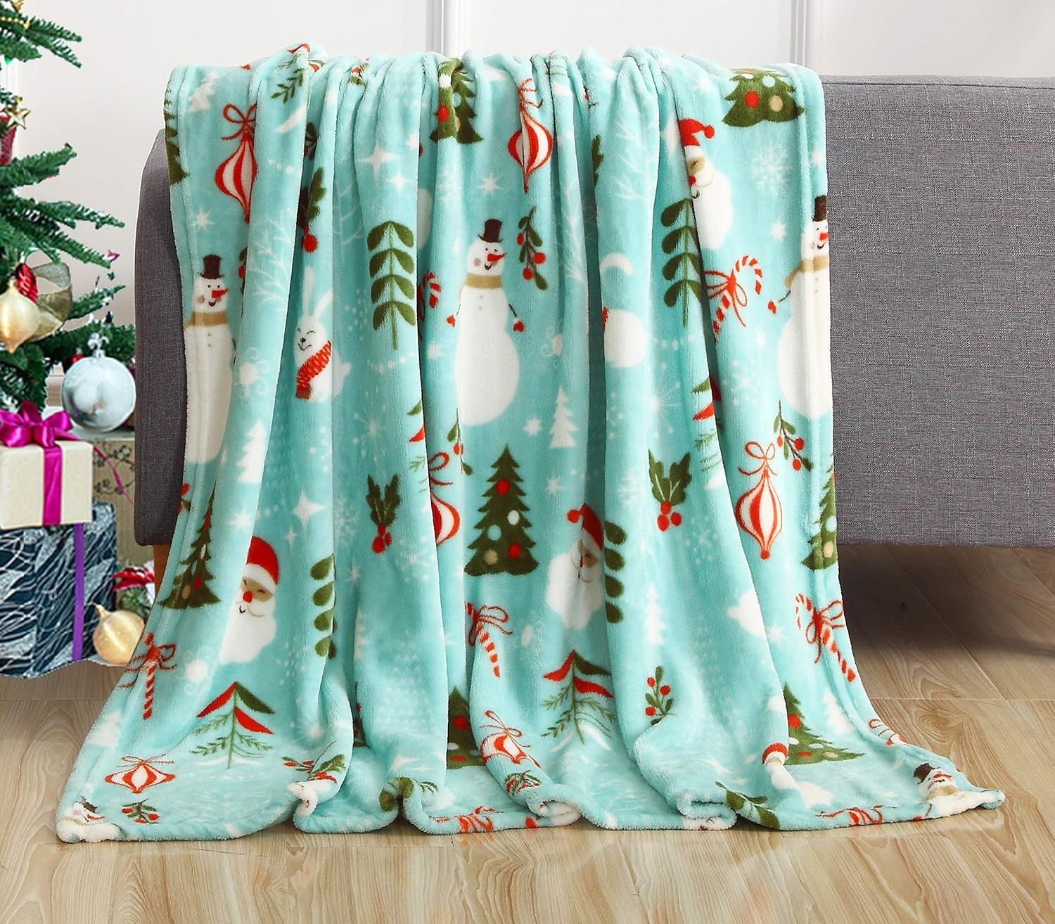 Teal Holiday Fleece Throw Blanket with Santa and Snowman, 50" x 60"