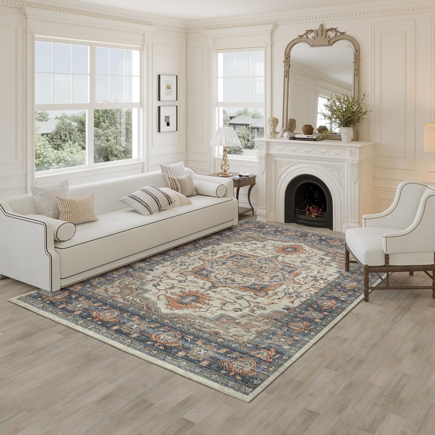 Umber Washable Medallion Rug in Cider Brown and Blue, 5x8