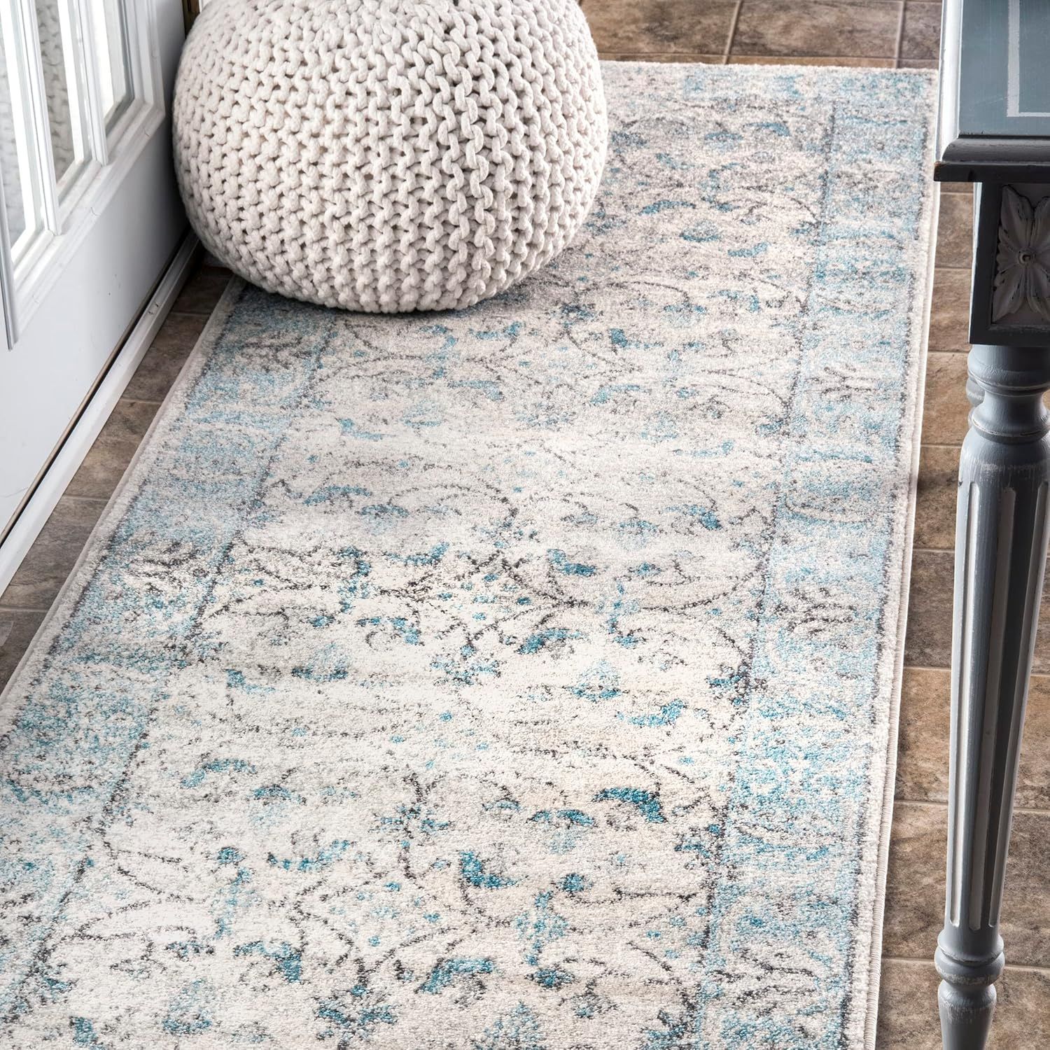Aqua and Gray Floral Synthetic Reversible Runner Rug, 2' x 6'