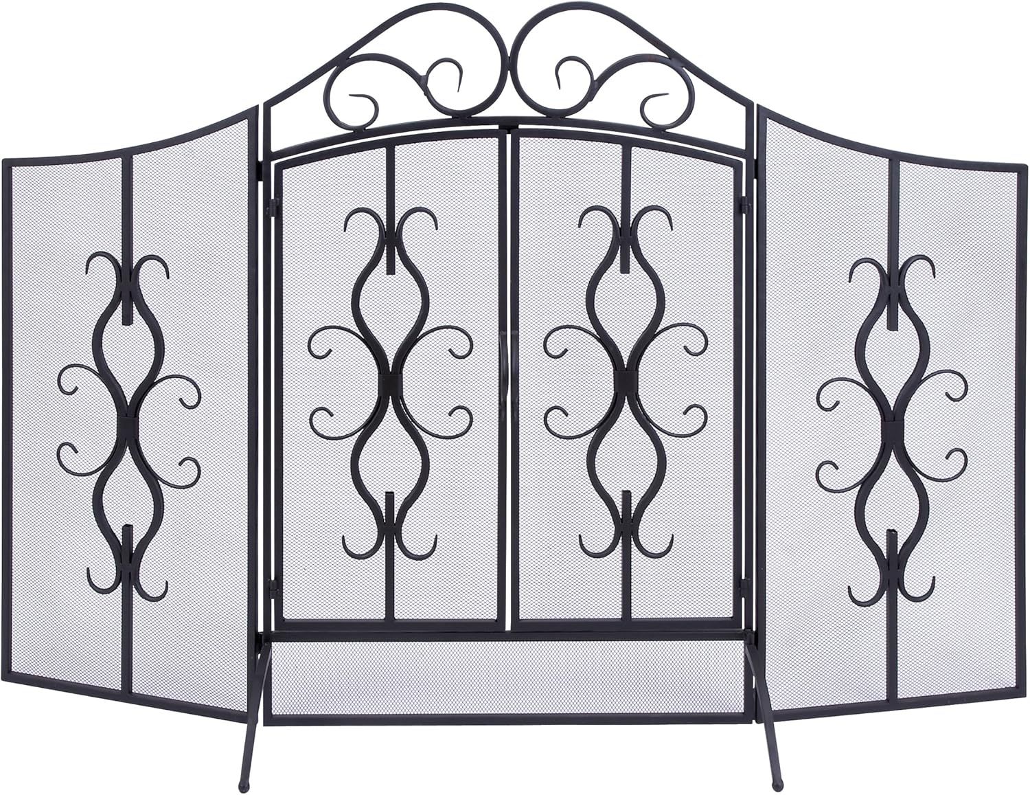 Gray Three-Panel Metal Mesh Fireplace Screen