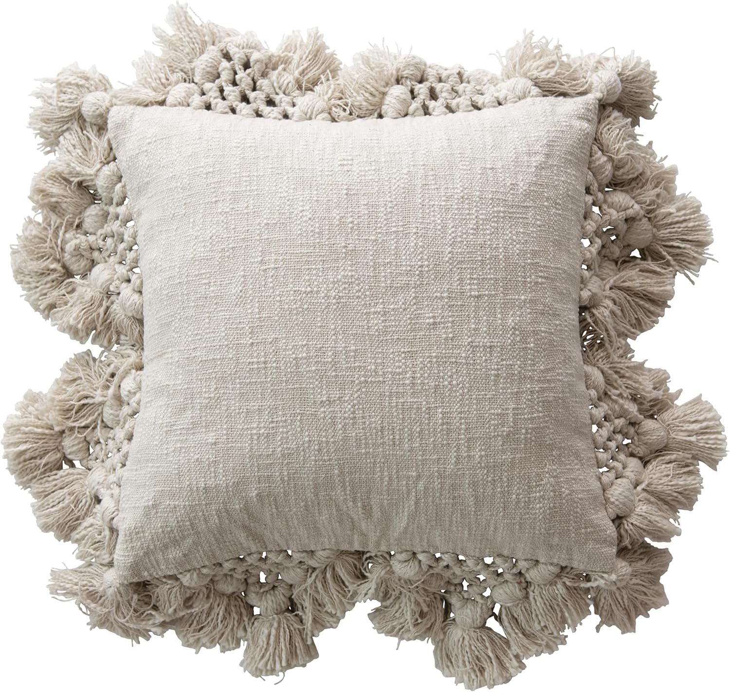 Modern Space-Themed Crochet & Tassel 18" Square Cotton Pillow - Cream