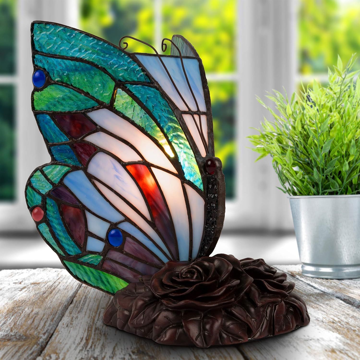 Colorful Stained Glass Butterfly Lamp with Bronze Base