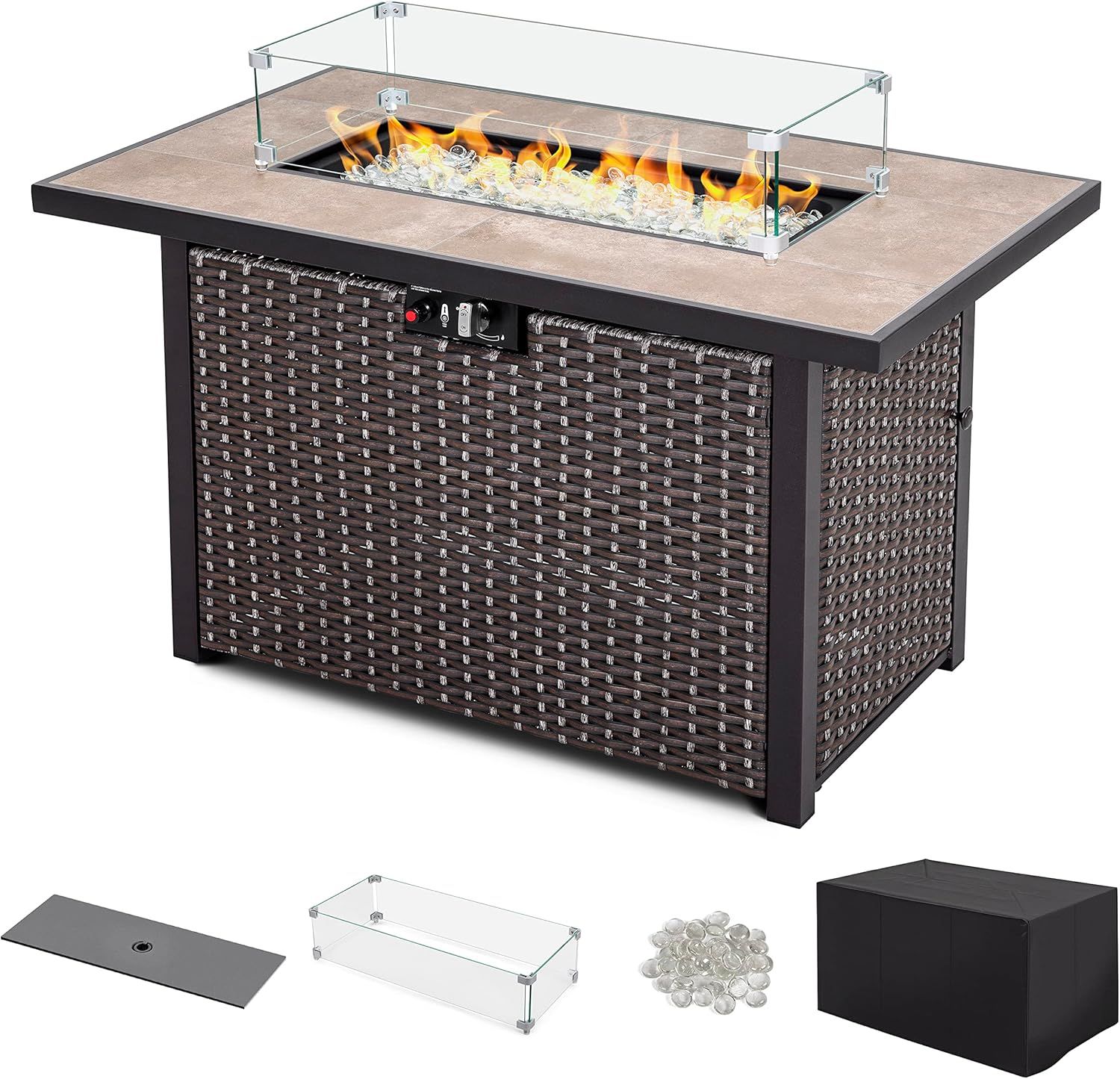 43" Brown Wicker Propane Fire Pit Table with Ceramic Top