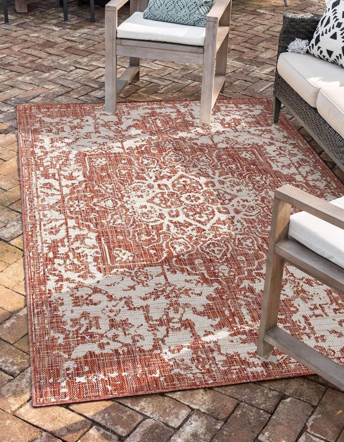 Rust Red and Ivory Rectangular Outdoor Area Rug