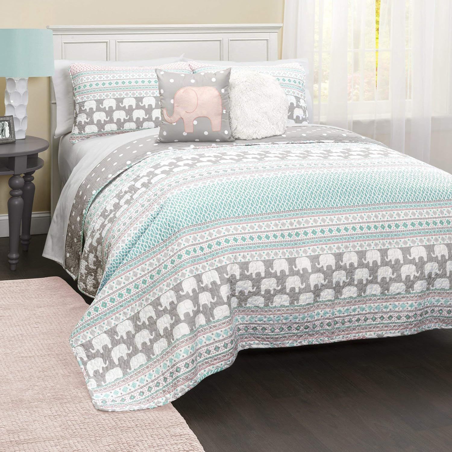 Turquoise and Pink Elephant Print Reversible Twin Microfiber Quilt Set