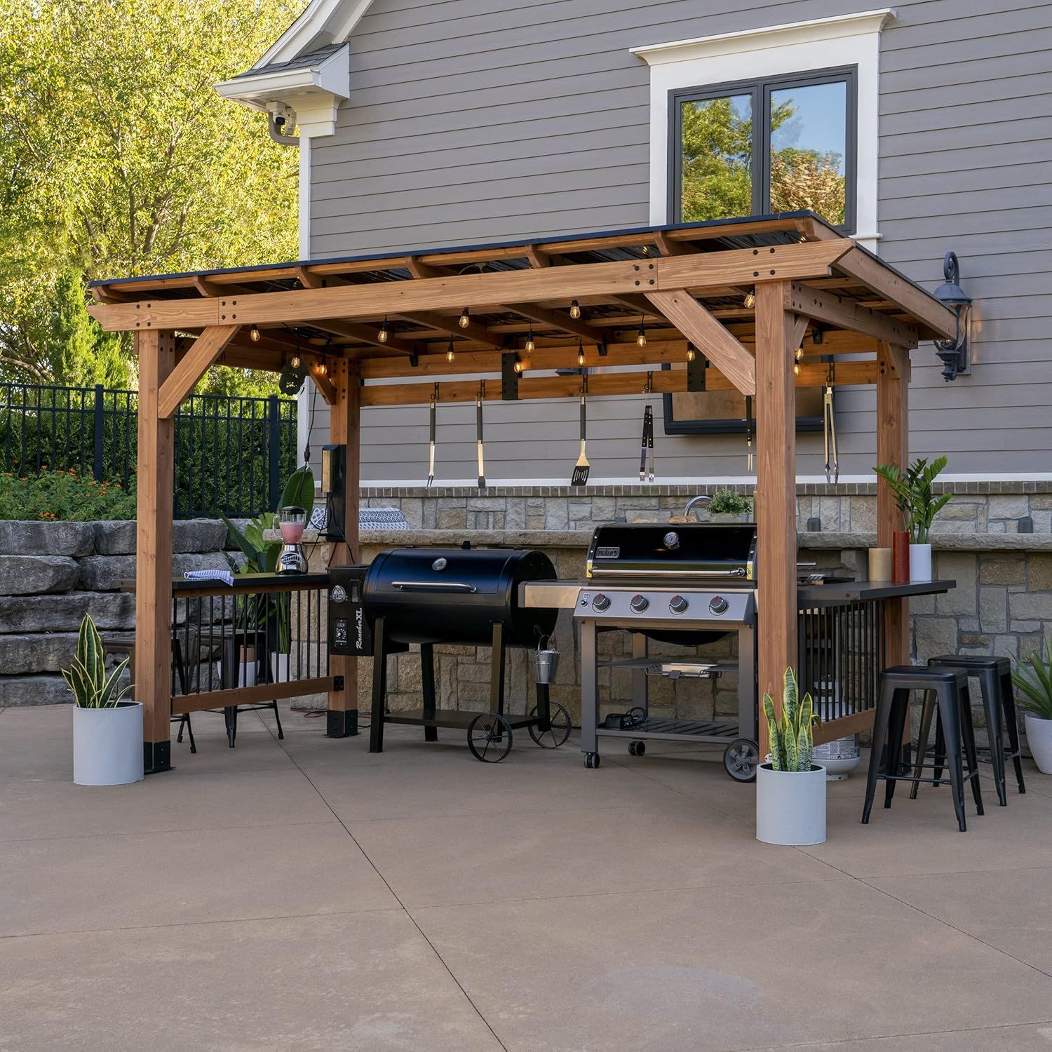 Saxony XL Cedar and Black Steel Grill Gazebo