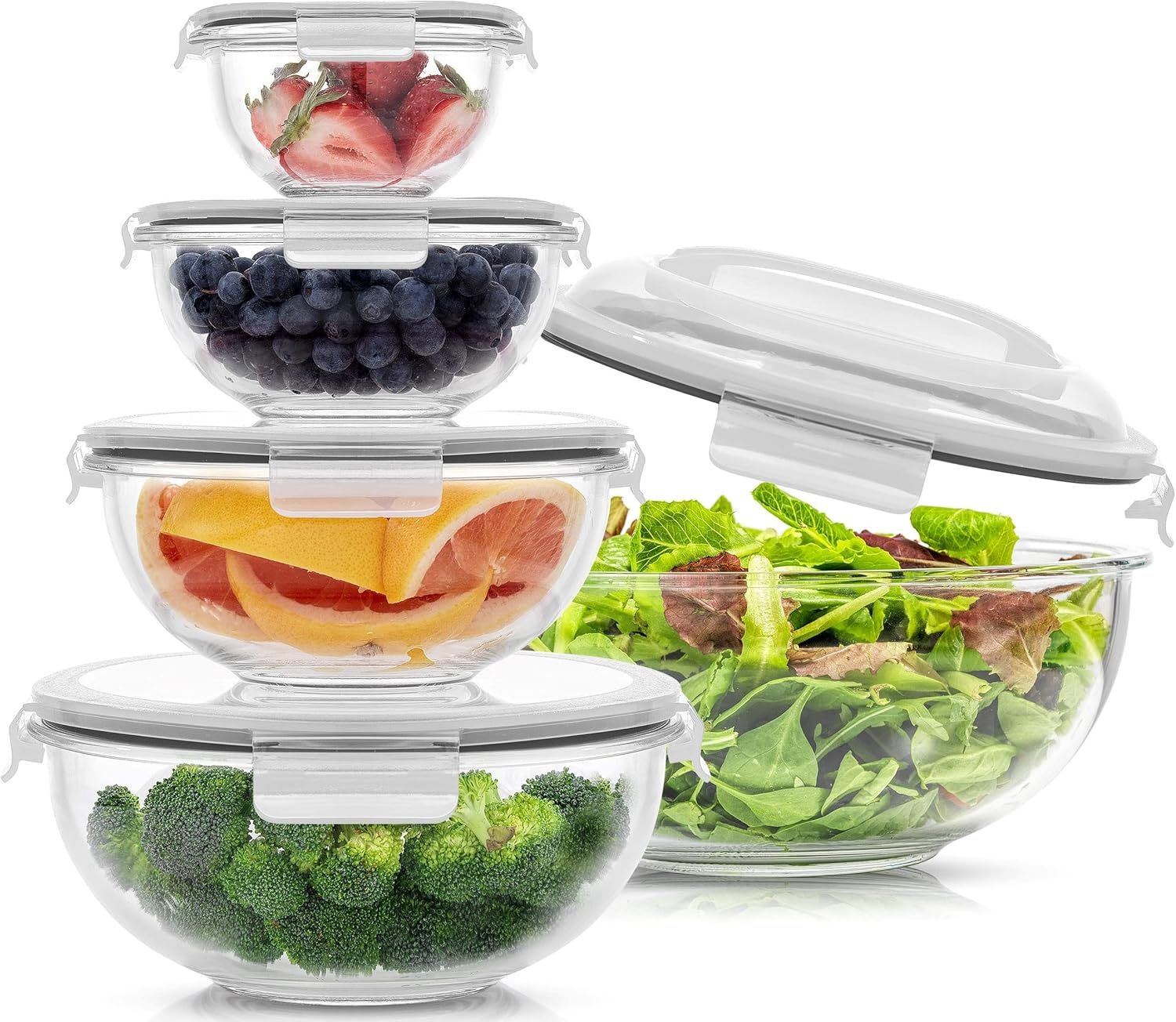 Clear Glass Nesting Mixing Bowls with Airtight Lids, Set of 5