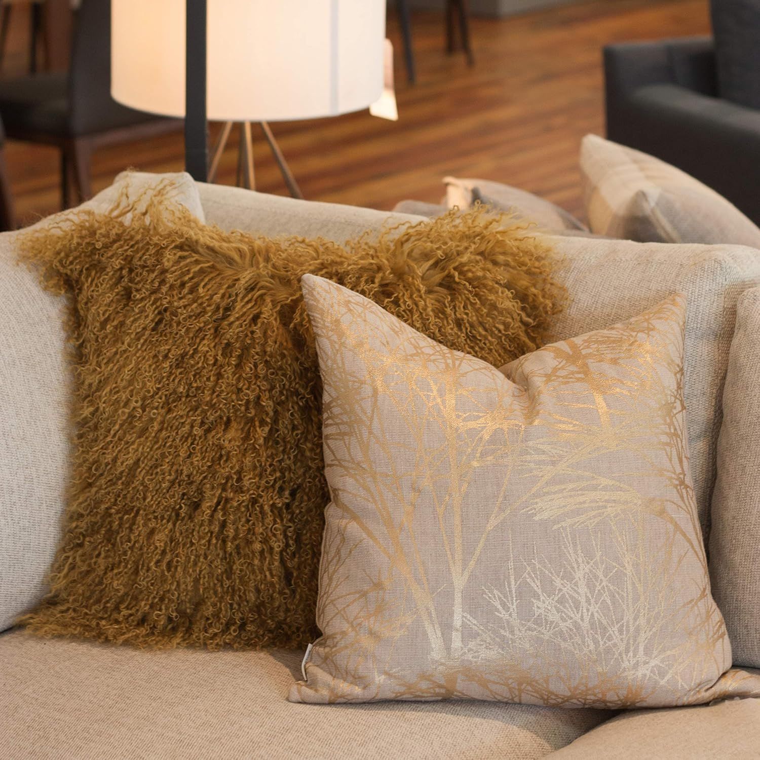 Soft Gold 18" Mongolian Sheepskin Fur Throw Pillow