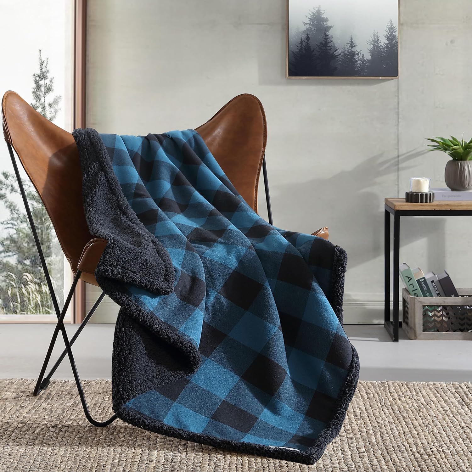 Blue and Black Reversible Sherpa Fleece Throw Blanket