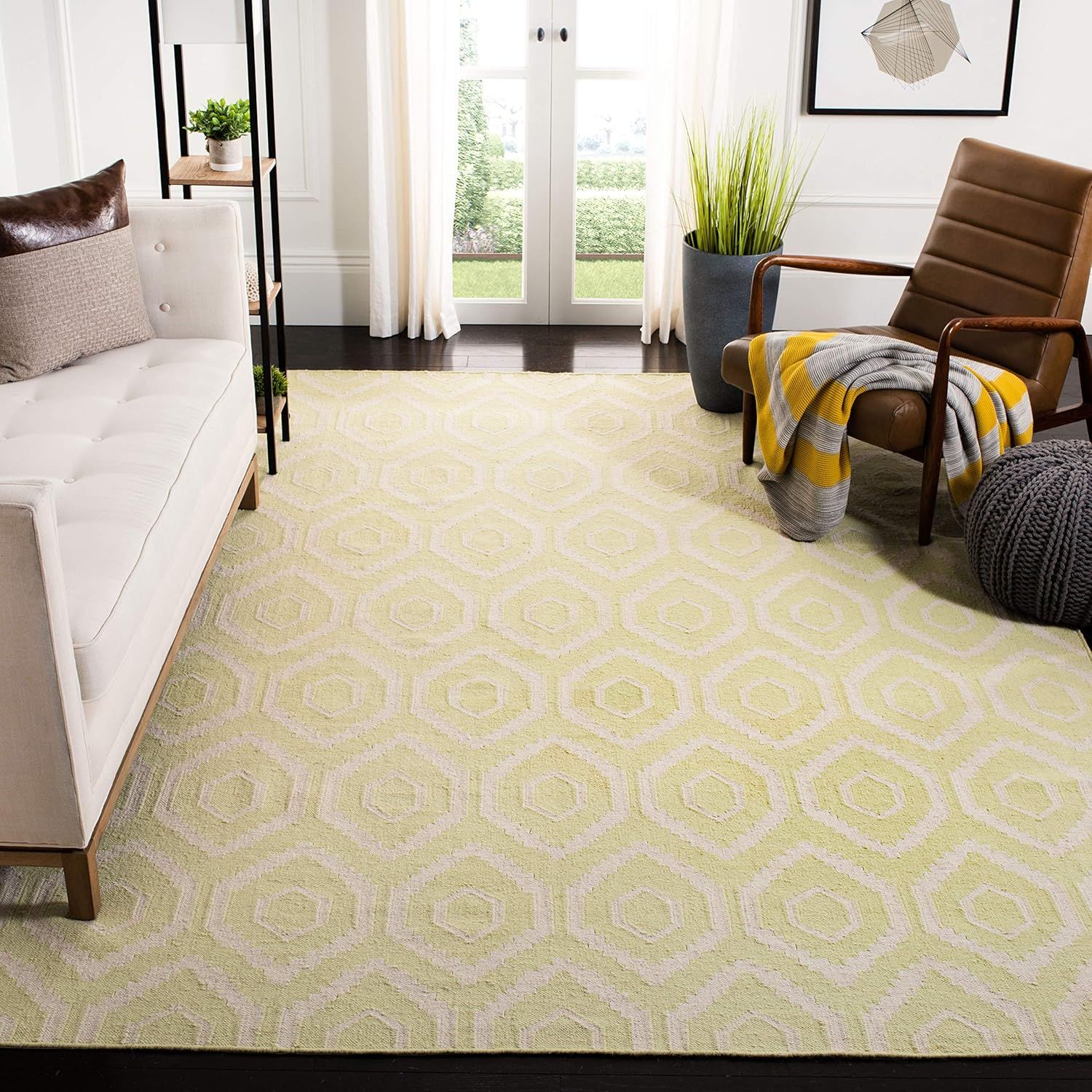 Ivory and Green Geometric Wool Square Rug, 8 ft x 8 ft