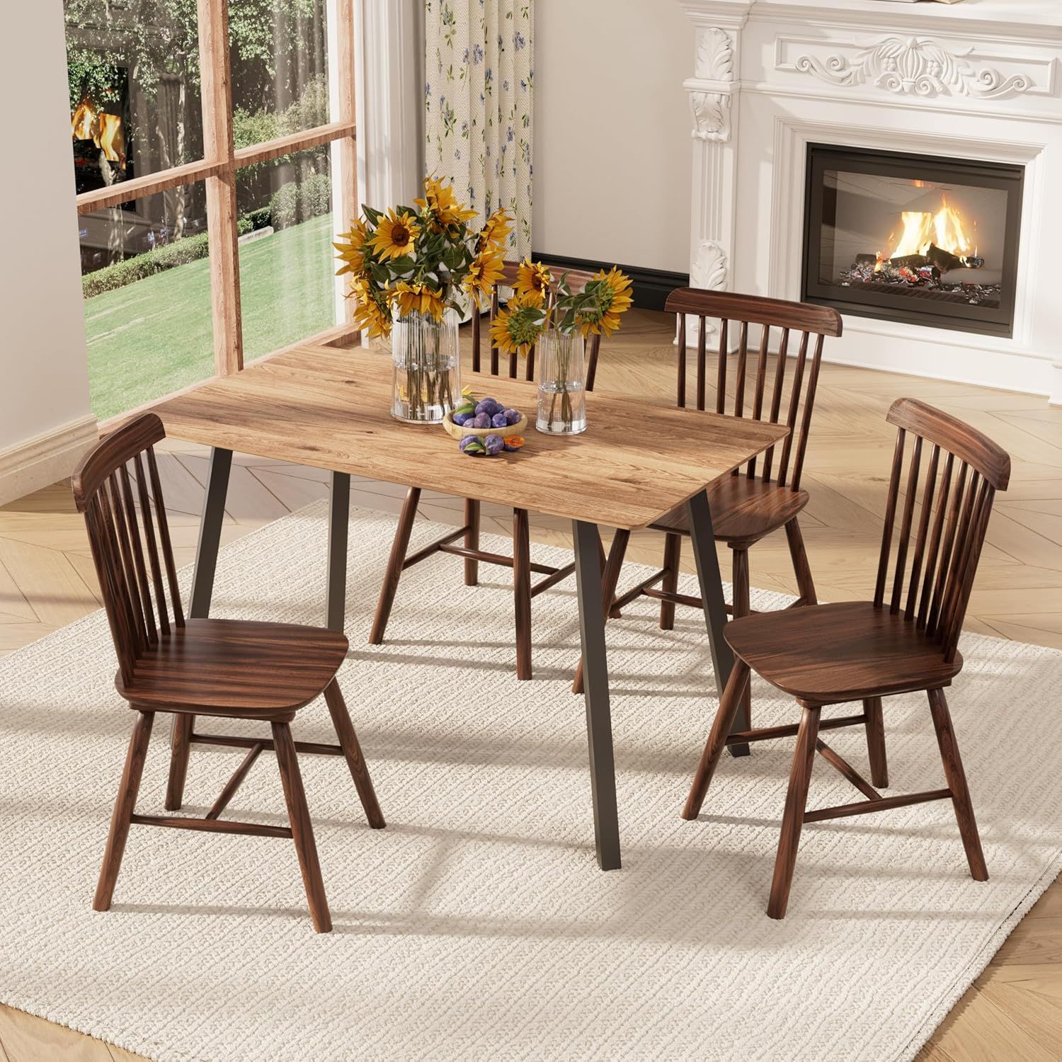 Walnut Wood Windsor Spindle Back Dining Chairs Set of 4