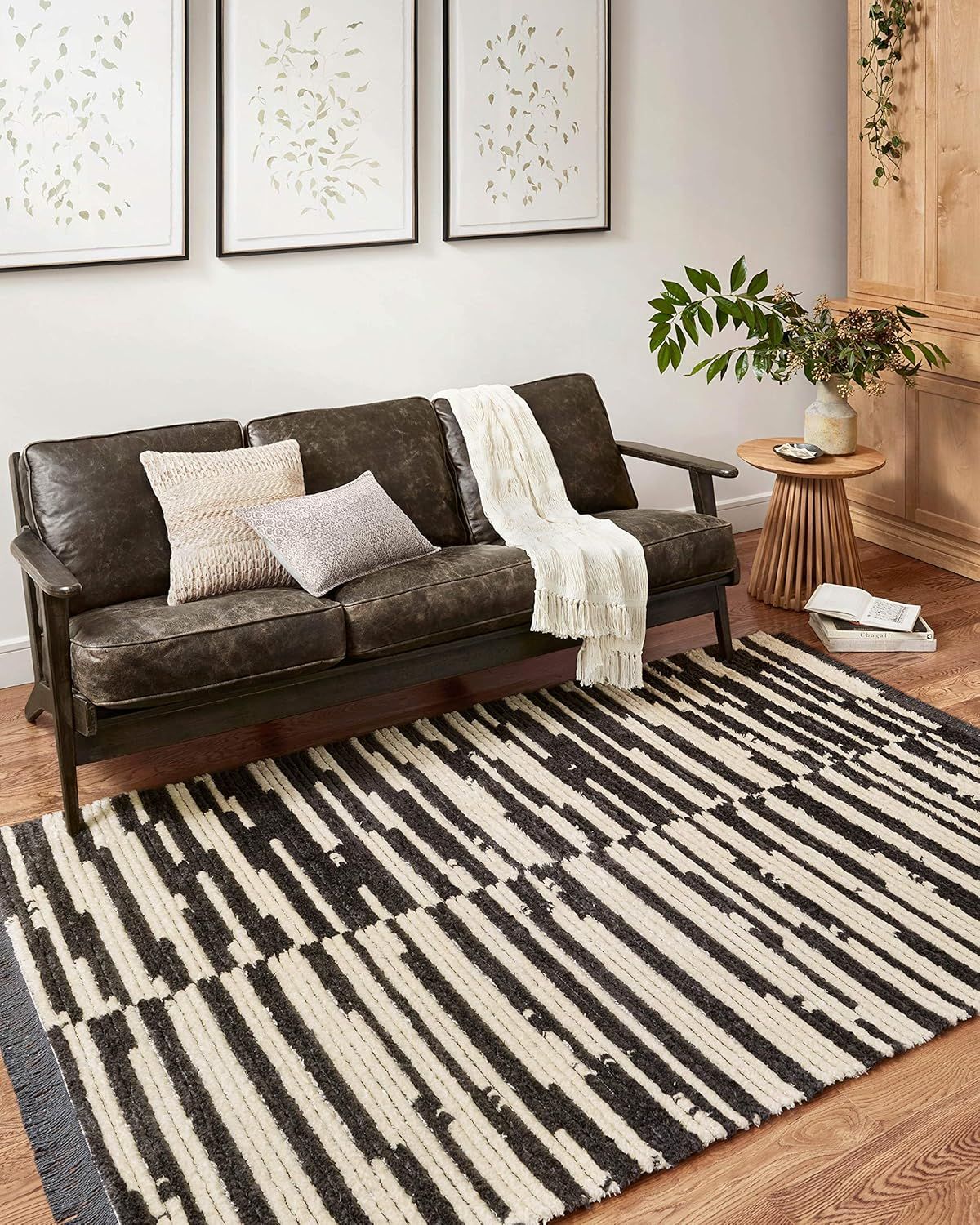 Cream and Charcoal Striped Synthetic Accent Rug with Fringe, 2'-7" x 4'