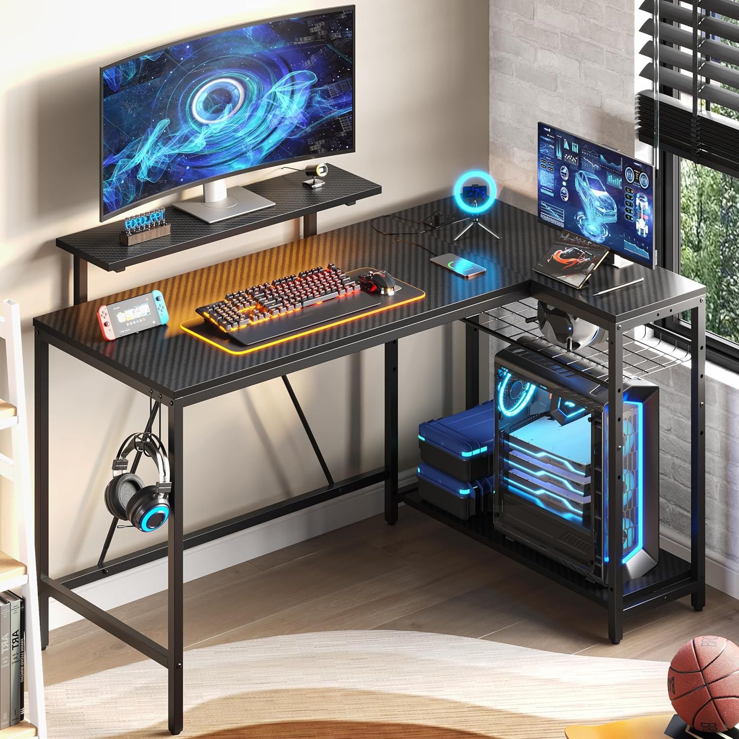 Black L-Shaped Gaming Desk with Power Outlet and USB Ports