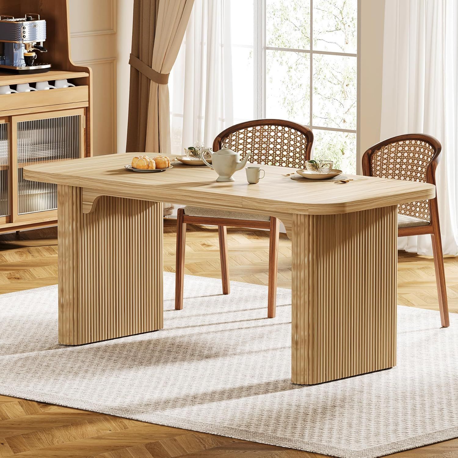 Natural Wood Rectangular Dining Table with Double Pedestal