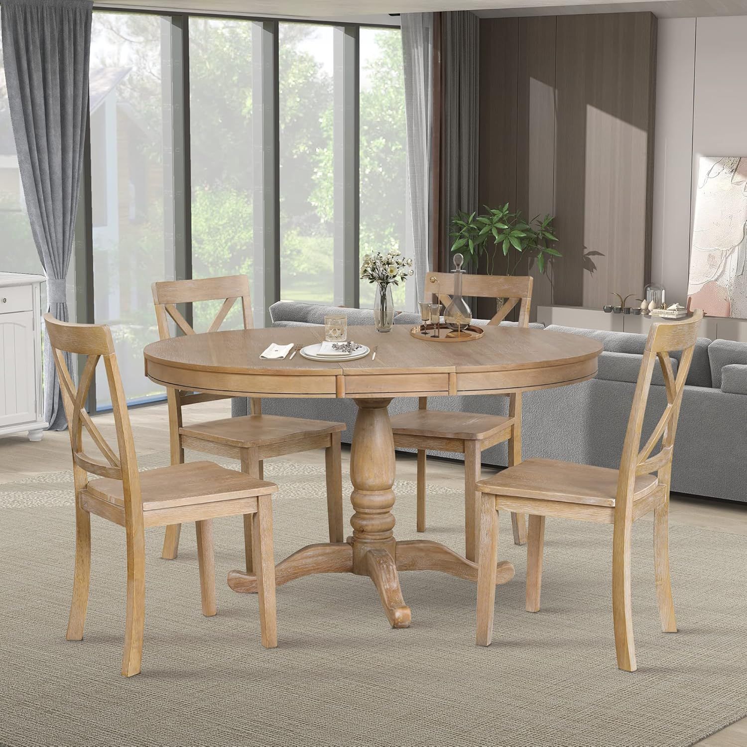 Natural Wood Round Dining Table Set with 4 Chairs