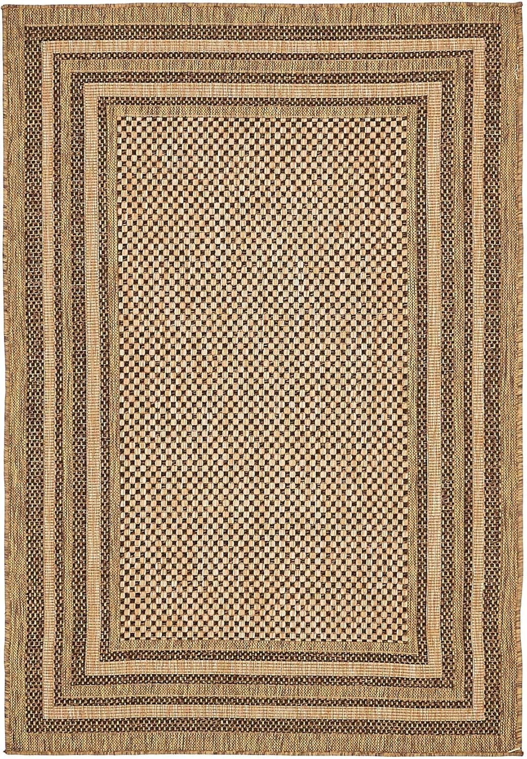 Multi-Border Brown Synthetic 4' x 6' Outdoor Area Rug