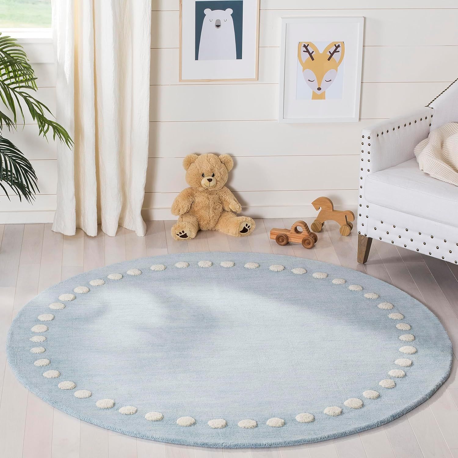 Plush Hand-Tufted Blue Wool Round Kids' Playroom Rug, 5' Diameter