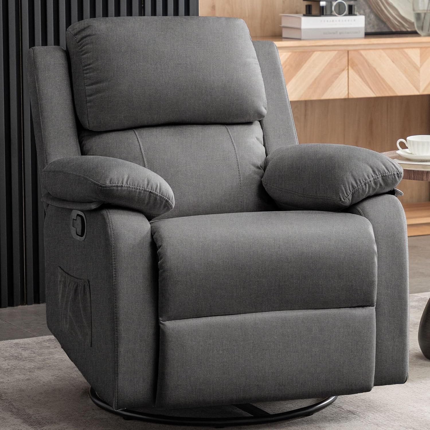 Gray Fabric Swivel Recliner with Side Pockets