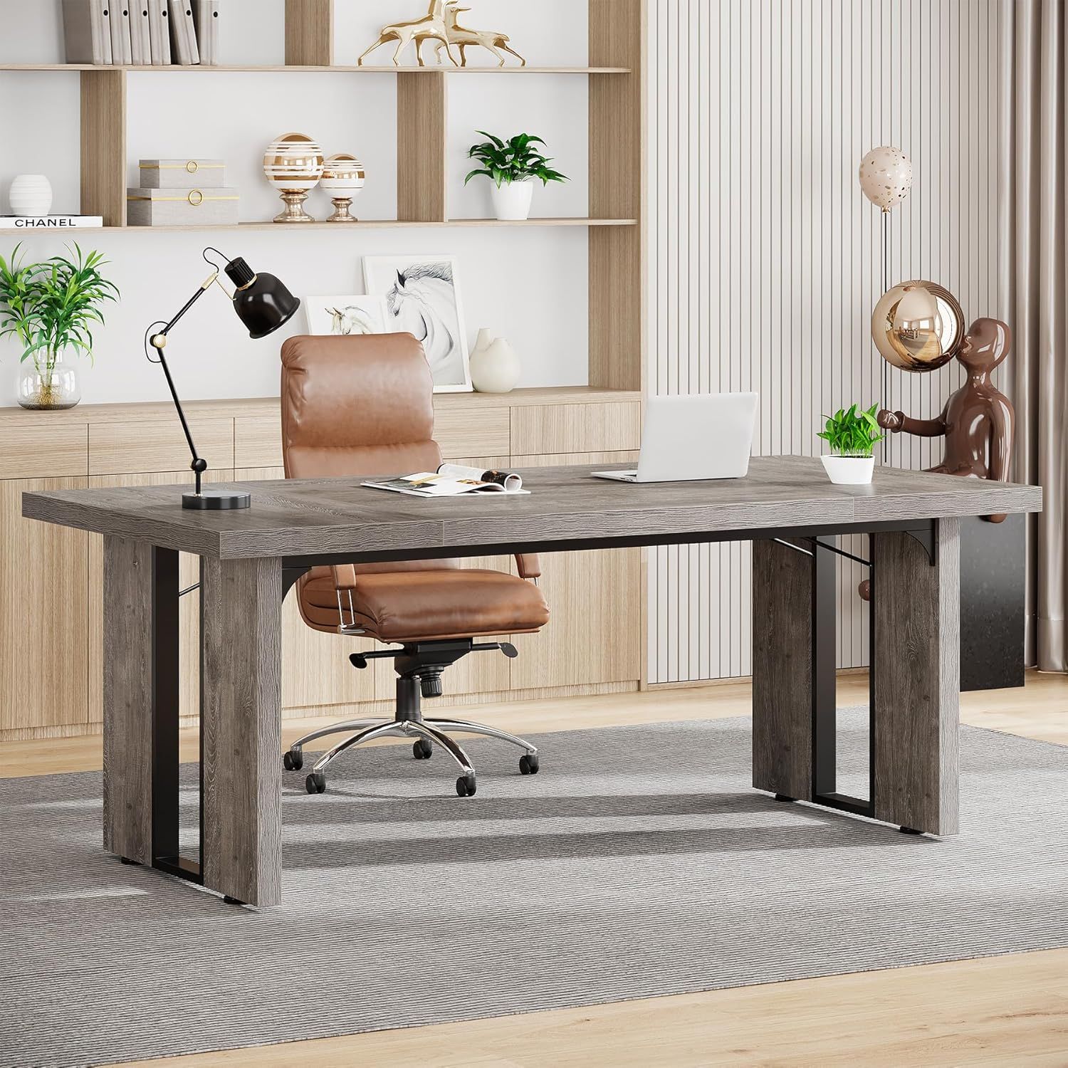 Gray 70.9" Modern Executive Computer Desk with Metal Legs