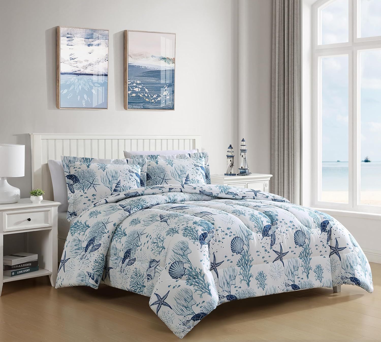 Full/Queen Blue and White Microfiber Coastal Comforter Set