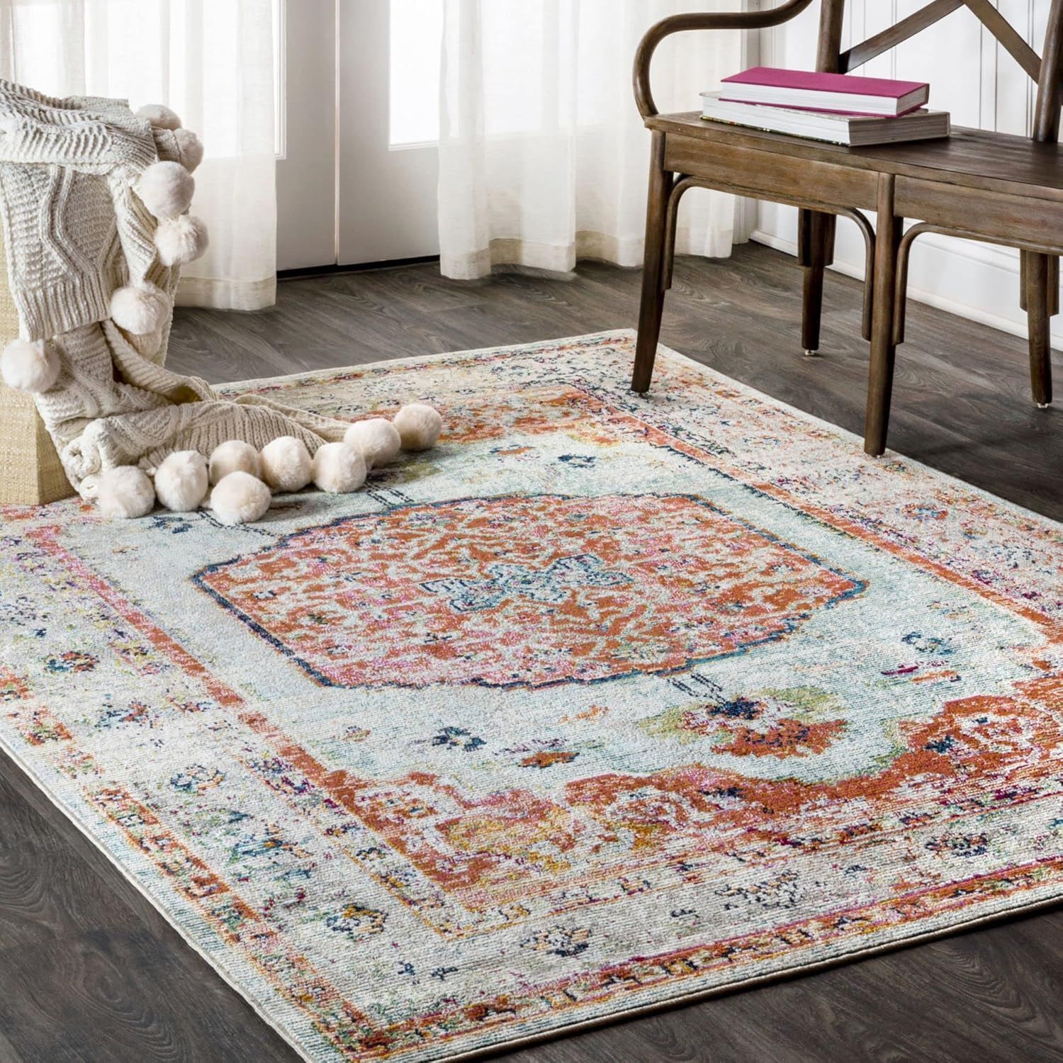 Ivory and Coral Synthetic Medallion Area Rug, 3'x5'