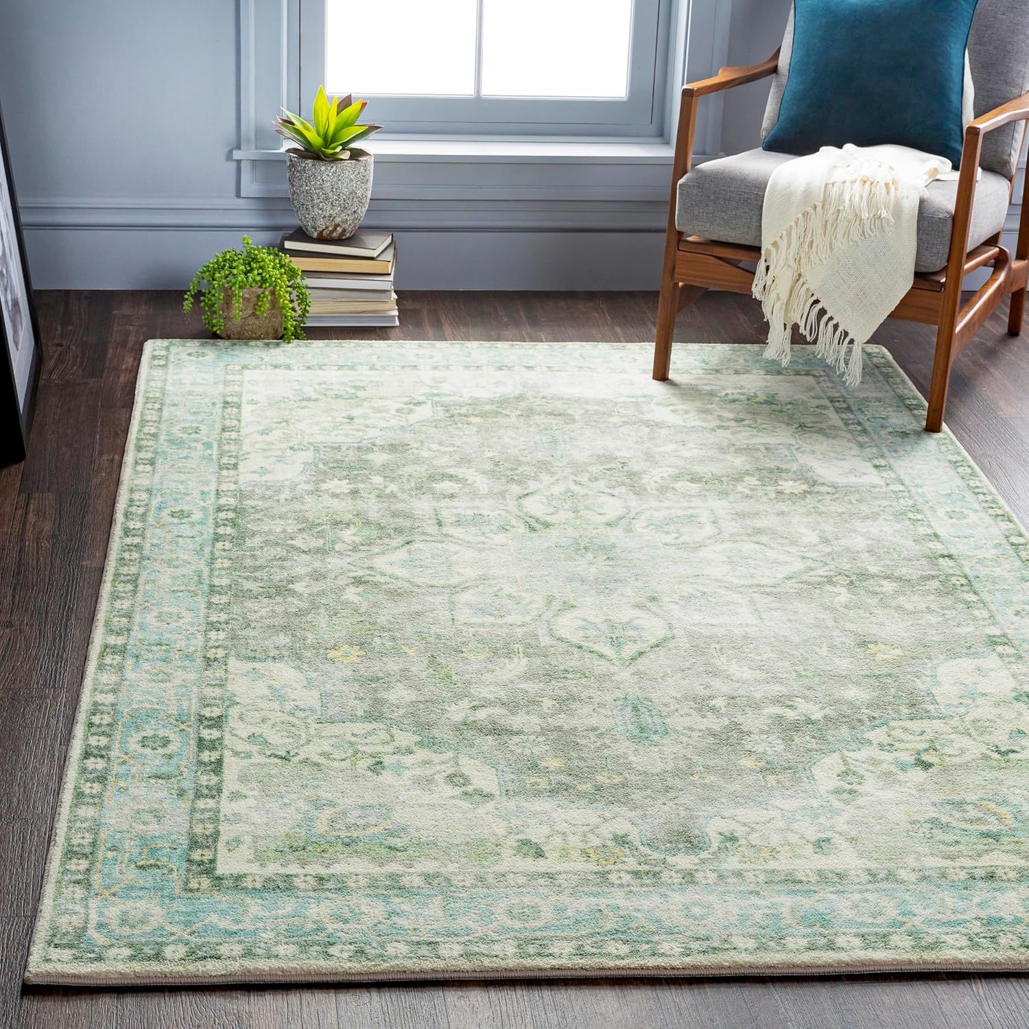 Heiereind Sage and Aqua Polyester Traditional Area Rug