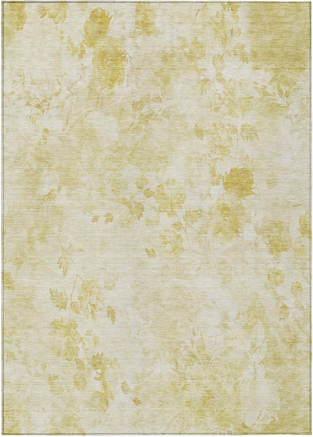 Gold Floral Synthetic Rectangular Washable Area Rug