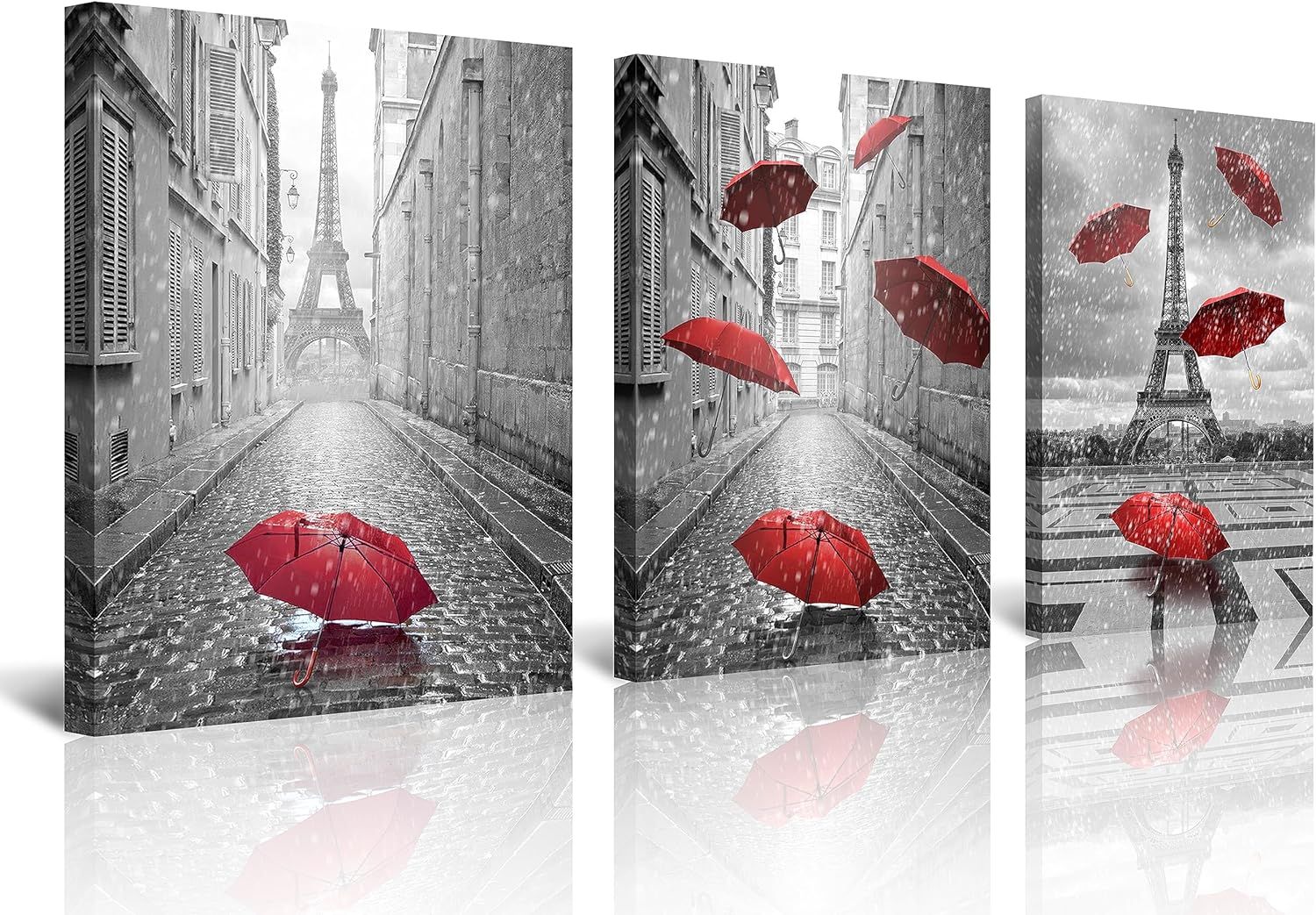 Paris Black and White Canvas with Red Umbrellas