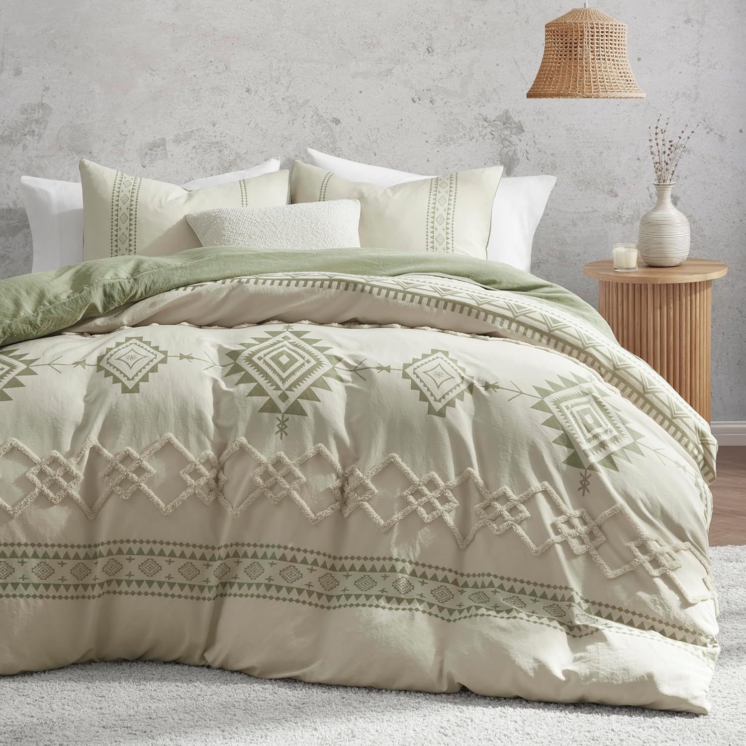 Beige and Sage Green Boho Queen Microfiber Duvet Cover Set