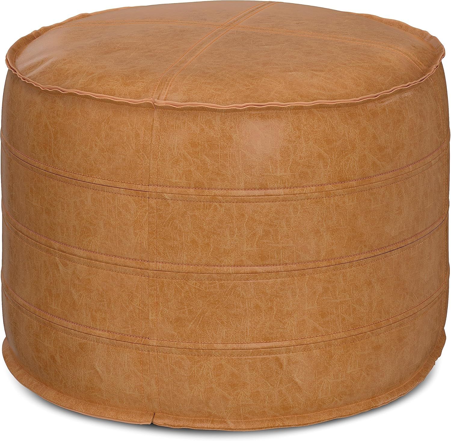 Brody 20" Round Distressed Brown Vegan Faux Leather Pouf