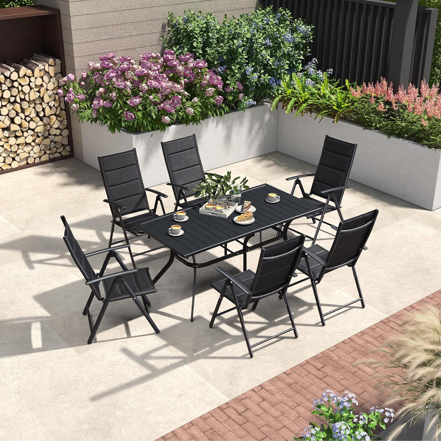 Black Aluminum Outdoor Dining Set with Adjustable Slat Table and Padded Folding Chairs