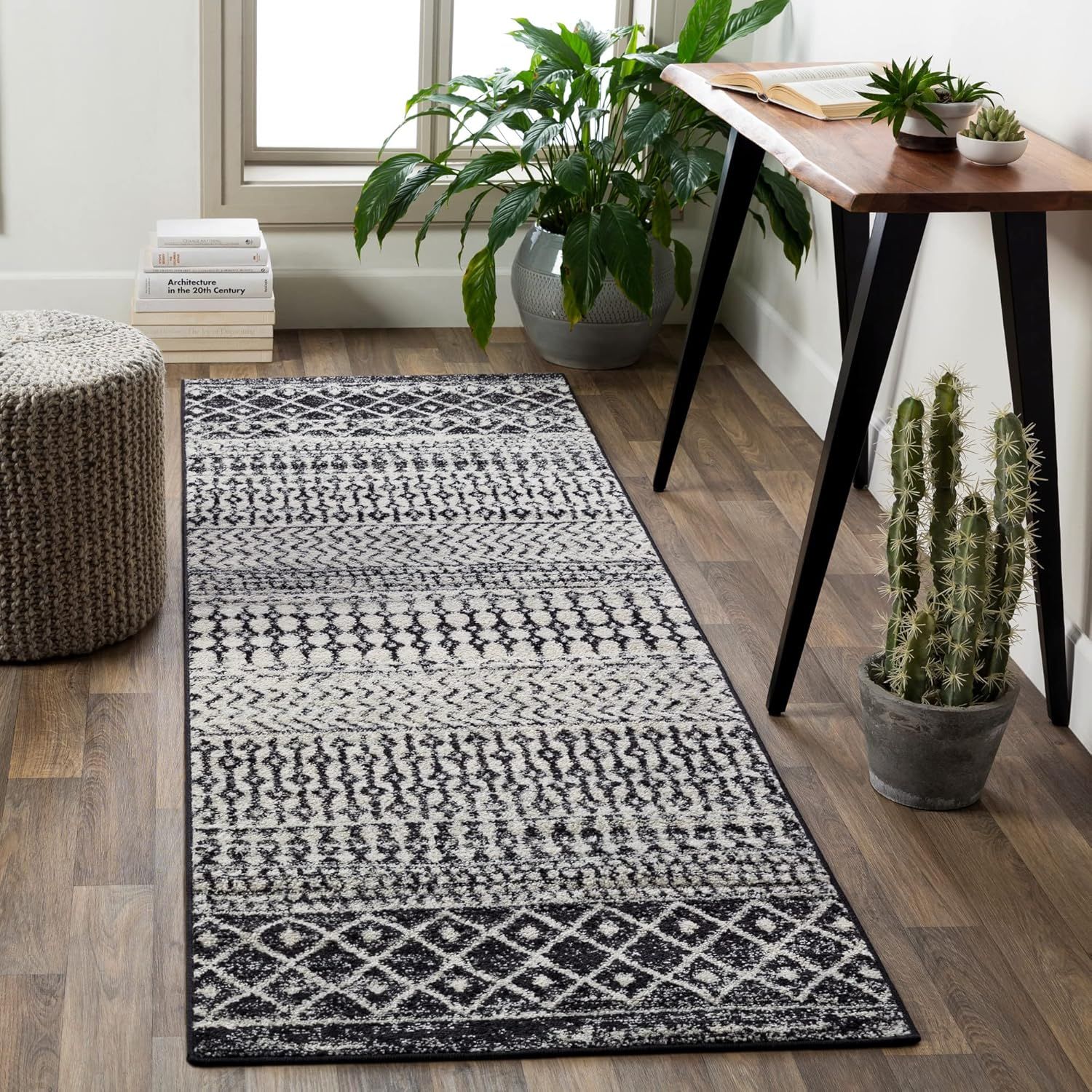 Black and Multicolor Synthetic Stain-Resistant Runner Rug
