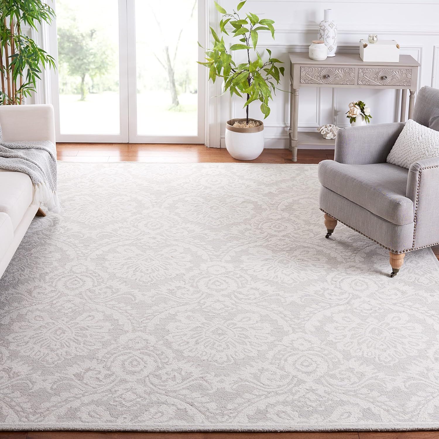 Silver and Ivory Floral Tufted Wool 9' x 12' Area Rug