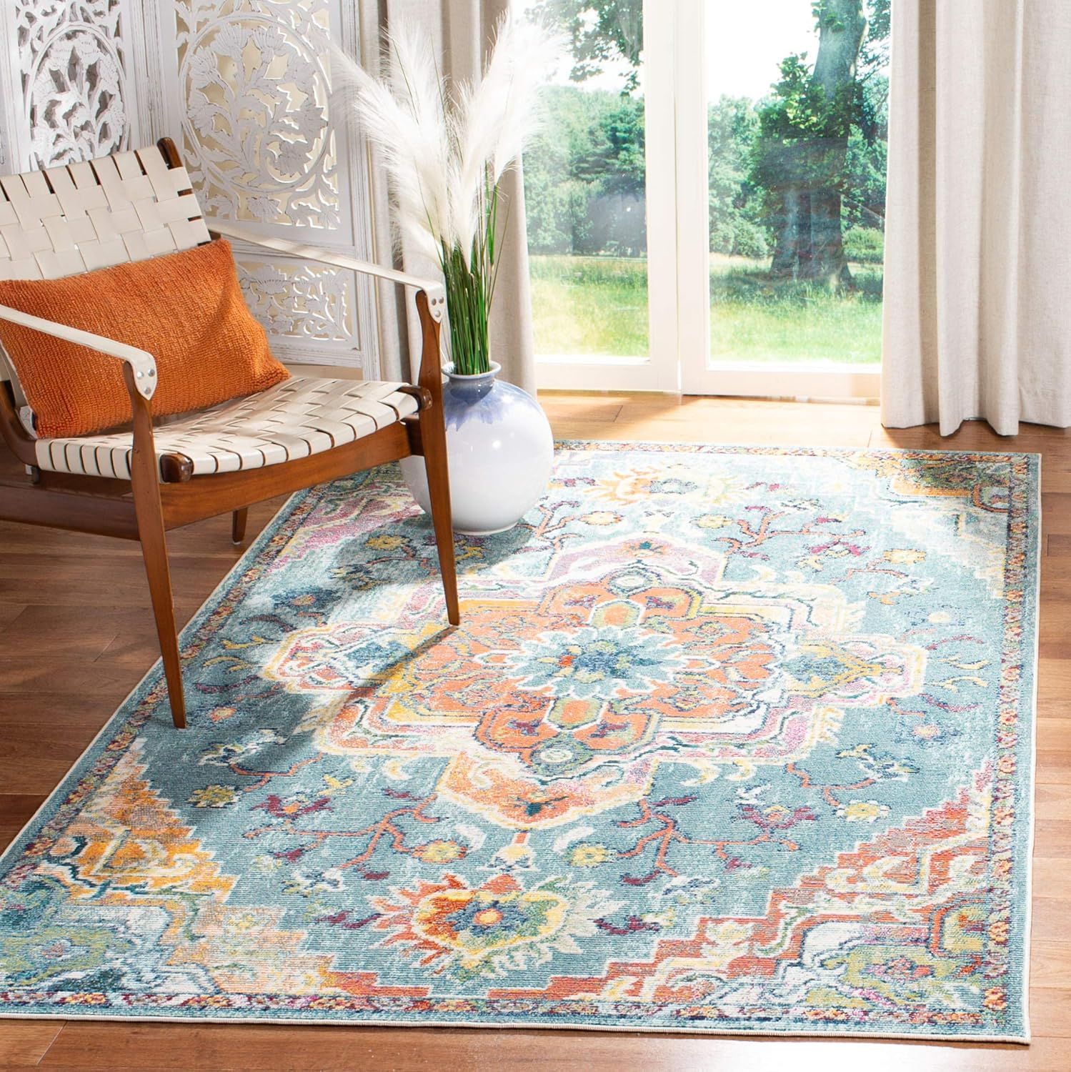 Teal & Orange Oriental-Inspired Square Synthetic Rug - 62"x62"